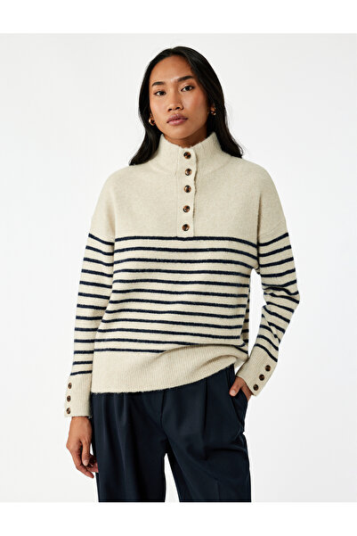 Koton Tricotaj cu mânecă lungă guler ridicat cu jumătate de nasturi supradimensionat Pulover cu dungi