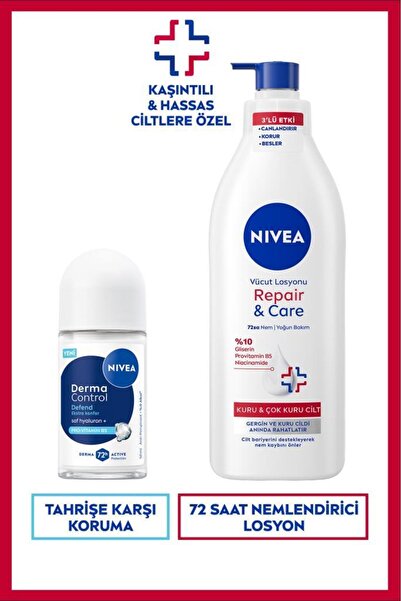 NIVEA Kadın Roll-on Deodorant Derma Control Defend 50ml ve Repair&Care Nemlendirici Vücut Losyonu 400ml