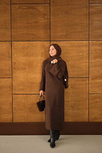 LOCCO Kadın Geniş Kol Triko Elbise Kahverengi