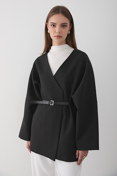 JASTE Women's Black Double-Breasted Collar Kimona with Belt Detail