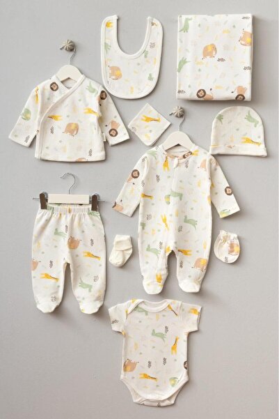Bebitof 100% Cotton Cute Giraffe Patterned 10 Piece Boxed Newborn Hospital Release Bodysuit Set Bbtf.E