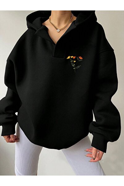 Deocept Φούτερ Unisex Μαύρο με λαιμόκοψη σε σχήμα V με με κουκούλα τσέπες και λουλούδια με τύπωμα oversized