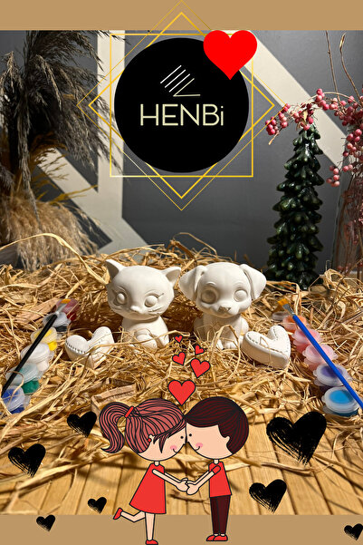 HENBi Sevgiliyle Boyama Etkinliği (3D) Sevgili Hediyelik Biblo Kedi ve Köpek1 konsept Taş Boyama Seti