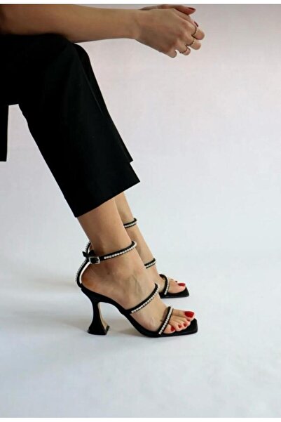 Ömer Ediz Shoes Black Satin Stone Detailed Sandals 01