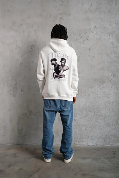 Silerra Men's Oversized Three-Thread Hooded Sweatshirt – Ribbed Detail on Sleeves and Hem, Printed on Front and Back, Kangaroo Ce