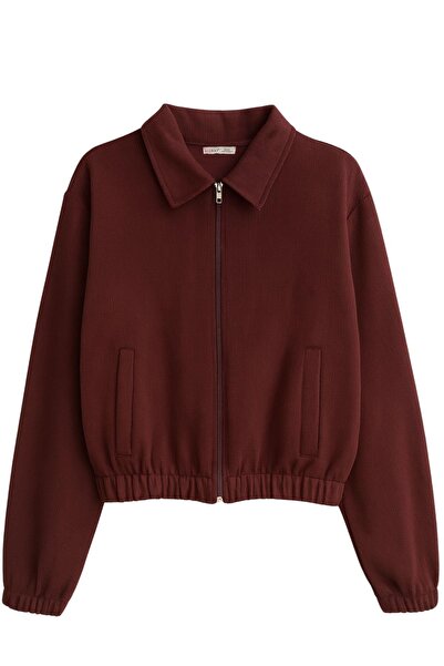 Mixray 4764 Women's Basic Zippered Corded Fabric Knitted Thessaloniki Jacket Plum