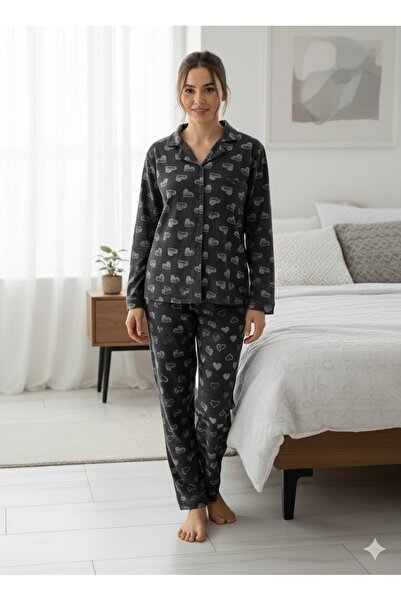 FAMES PİJAMA Women's Heart-Detail Buttoned Pajama Set