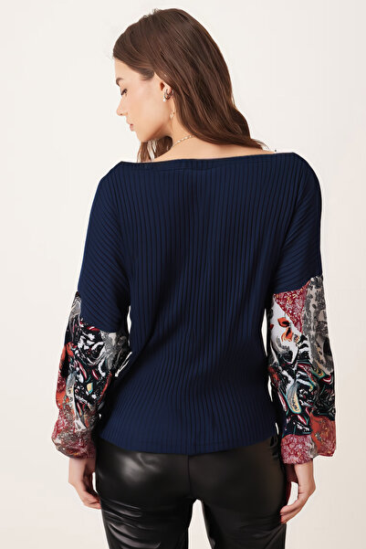 armonika Women's Navy Blue Sleeve Patterned Balloon Knit Sweater Arm-20K081001