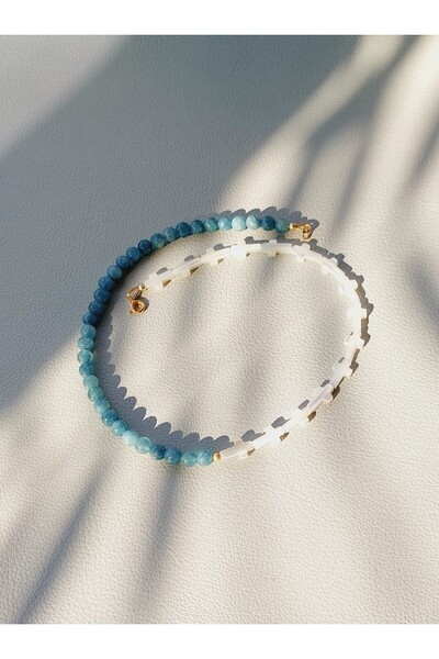 Abundo Colier din cuart albastru si cruciulite din sidef cu argint 925 placat cu aur de 14k, 41 cm