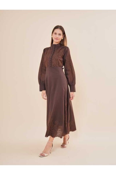 SERPİL Dantelli Yaka Detaylı Uzun Kollu Midi Elbise 51118