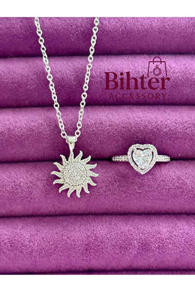 Bİ BONCUK Hediye Kutulu Gümüş Renk Güneş Tasarımlı Kolye Yüzük Seti – 316L Çe...