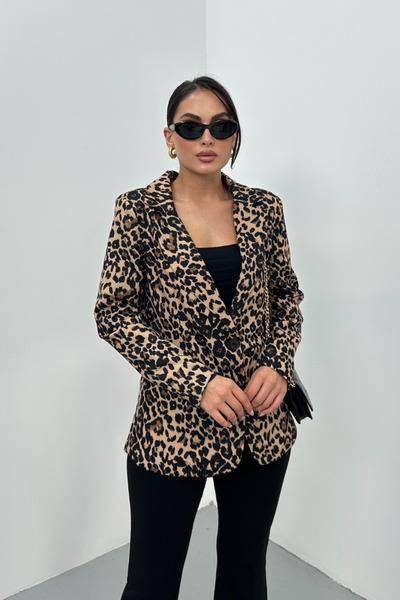 spirituel Women's Blazer Jacket Leopard Patterned Short Buttoned Lined Shoulder Pad Piece Jacket