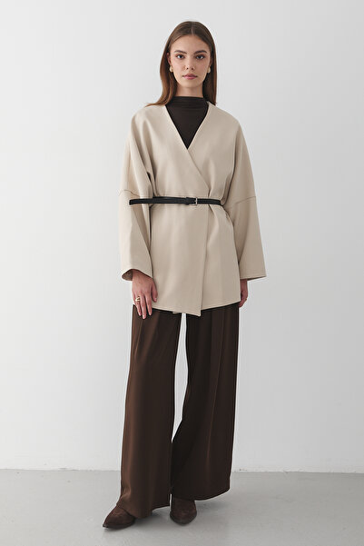 JASTE Women's Beige Double-Breasted Collar Belt Detailed Kimona