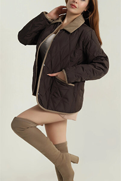 hazelin Palton matlasat cu detaliu din catifea, cu închidere rapidă, maro, pe...