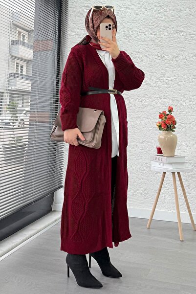 MELEK ARAZ Baklava Pattern Long Knitwear Women's Cardigan – Burgundy