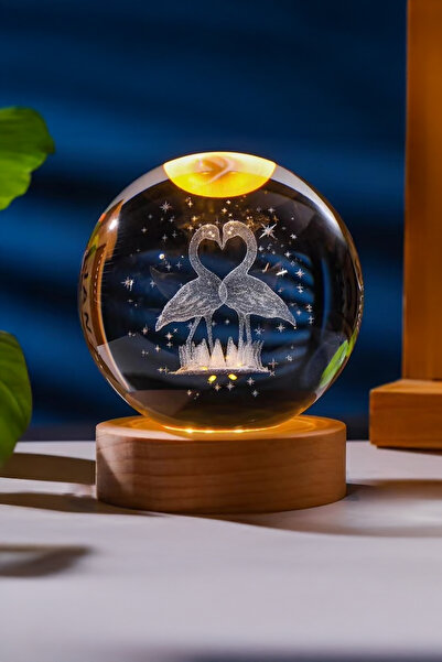 DEMPOWER Ahşap Tabanlı Aşık Kuğular Figürlü LED Işıklı Küre