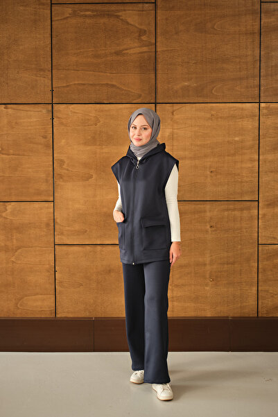 LOCCO Kadın Çift Cepli Kapüşonlu Yelekli Takım Lacivert