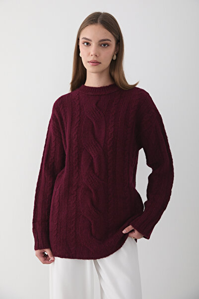 JASTE Kadın Bordo Örgü Desenli Triko kazak