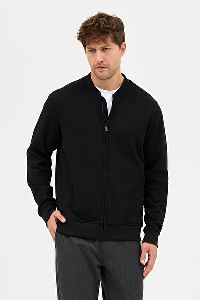 Frappoli Mirlos Men's Black Honeycomb Knitted Slim Fit Mock Neck Long Zippered Sweatshirt