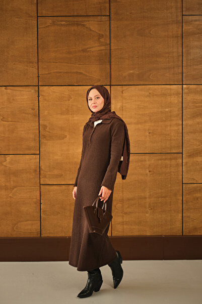 LOCCO Kadın Geniş Kol Triko Elbise Kahverengi