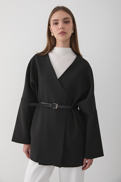 JASTE Women's Black Double-Breasted Collar Kimona with Belt Detail
