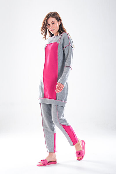 Plistre 2277_Women's Hijab Homewear Tracksuit Set – Crew Neck Sweatshirt, Stitching Detail, Carrot Fit, Fuchsia Gray
