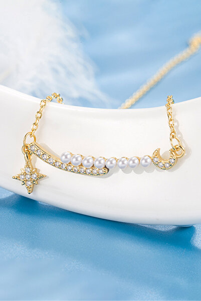 The Collection Polar Star Crescent Detailed Non-Tarnish Gold Pearl Stone Steel Necklace