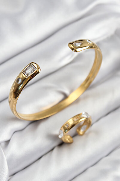 Skygo Brass Zircon Stone Split Model Gold Color Bracelet Ring Set - Tj-Bb7605