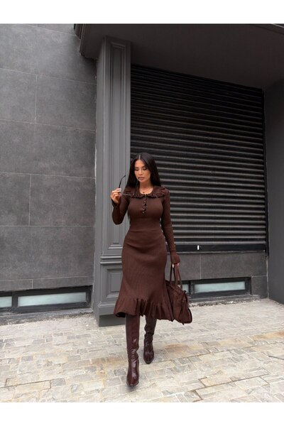 LE CARAMBOLE Γυναικείο Καφέ Πλεκτό Φόρεμα με Λεπτομέρεια Κολάρο και Βολάν