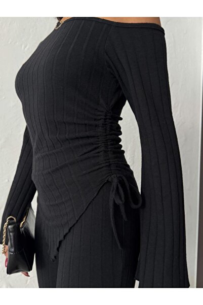 Jeevee Asymmetric Collar Adjustable Ruched Detail Corded Fabric Set