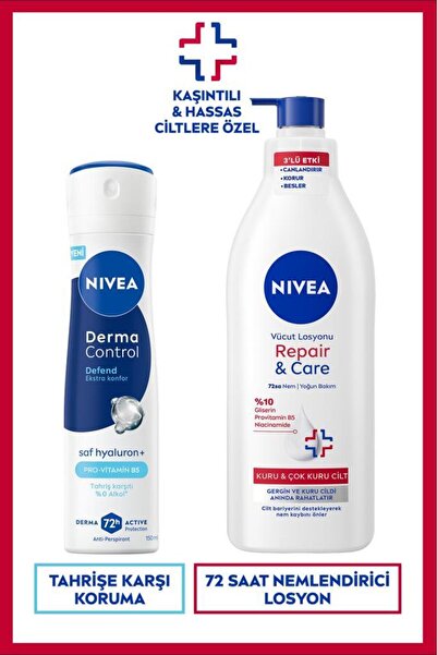 NIVEA Kadın Sprey Deodorant Derma Control Defend 150ml ve Repair&Care Nemlendirici Vücut Losyonu 400ml