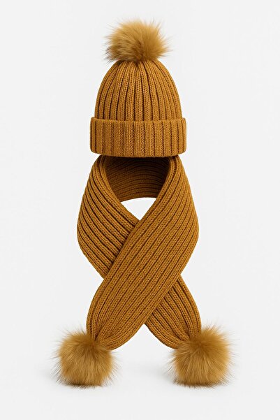 ŞAPKAKİDS Milk Coffee Single Pompon Knitwear Scarf Beanie Set