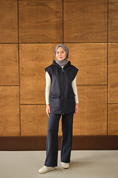 LOCCO Kadın Çift Cepli Kapüşonlu Yelekli Takım Lacivert