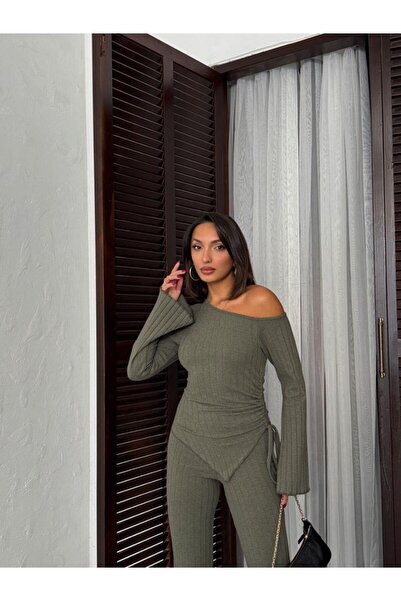 Jeevee Asymmetric Collar Adjustable Ruched Detail Corded Fabric Set