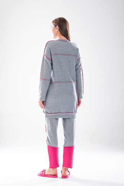 Plistre 2277_Women's Hijab Homewear Tracksuit Set – Crew Neck Sweatshirt, Stitching Detail, Carrot Fit, Fuchsia Gray