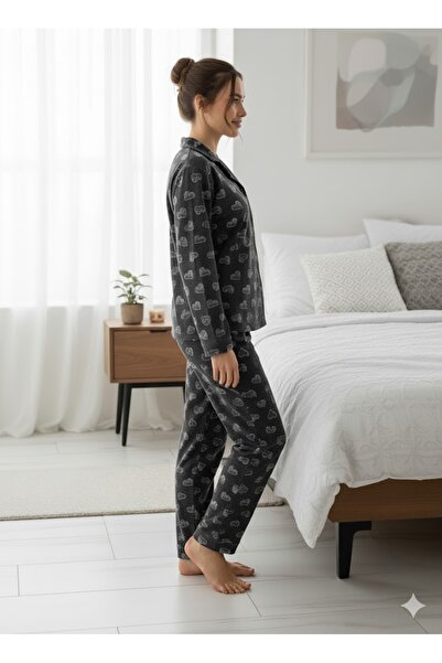 FAMES PİJAMA Women's Heart-Detail Buttoned Pajama Set