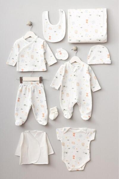 Bebitof 100% Cotton Cute Lion and Hedgehog Patterned 10-Piece Boxed Newborn Hospital Release Bodysuit Set