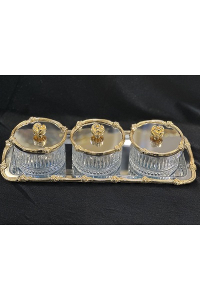 Genel Markalar 3’LÜ TEPSİLİ GÜMÜŞ-GOLD KAPAKLI DÖKÜM SUNUMLUK DRAJELİK KAHVALTILIK