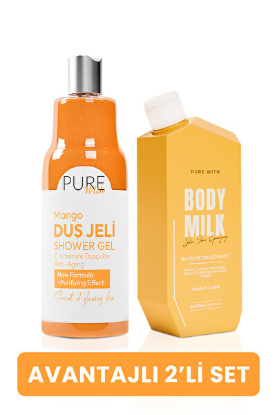 Pure With İkili Set: Shea Vanilya Vücut Sütü 250 ML + C Vit. Mango Duş Jeli 4...