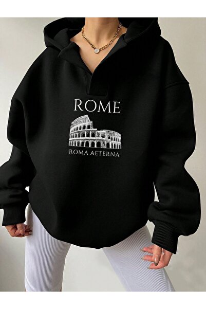 Deocept Unisex Black V-Neck Hooded Rome City Printed Oversized Swetshirt