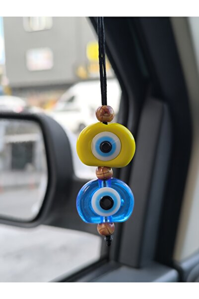 Esey Dizayn Nazar Boncuklu Araba Dikiz Ayna Süsü - PLASTİK Sarı Mavi Renk