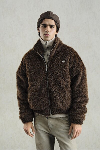 GIESTO Brown Fur Jacket with Zipper