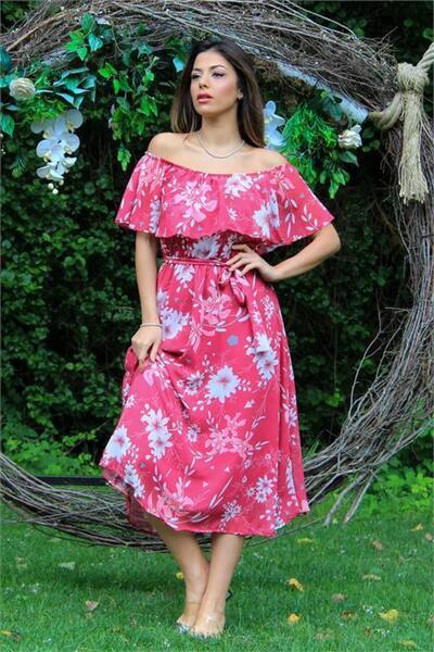 Dipmoda فستان شيفون نسائي بتفاصيل ربطات عنق باللون الفوشيا وياقة مادونا DP100371