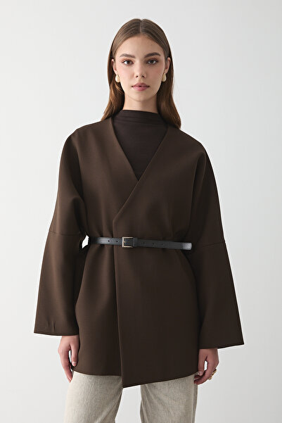 JASTE Women's Brown Double-Breasted Collar Belt Detailed Kimona