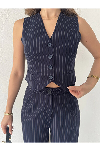 asfamoda Women's Navy Blue Striped Sleeveless Buttoned Lined Vest