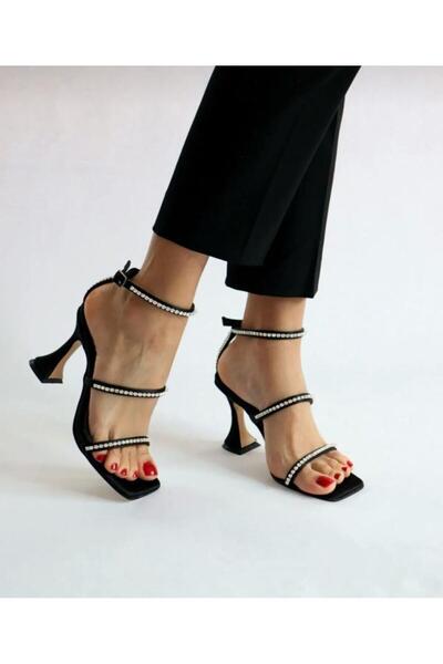 Ömer Ediz Shoes Black Satin Stone Detailed Sandals 01