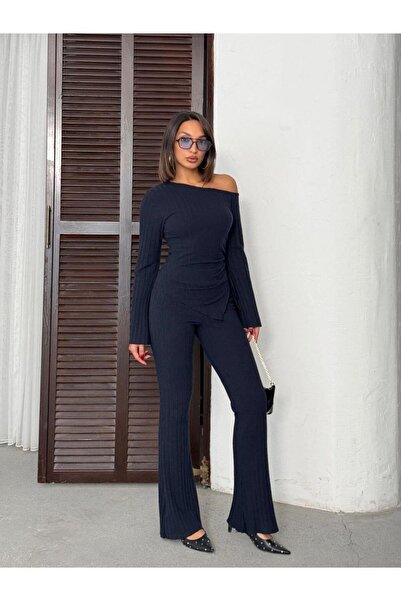 Jeevee Asymmetric Collar Adjustable Ruched Detail Corded Fabric Set