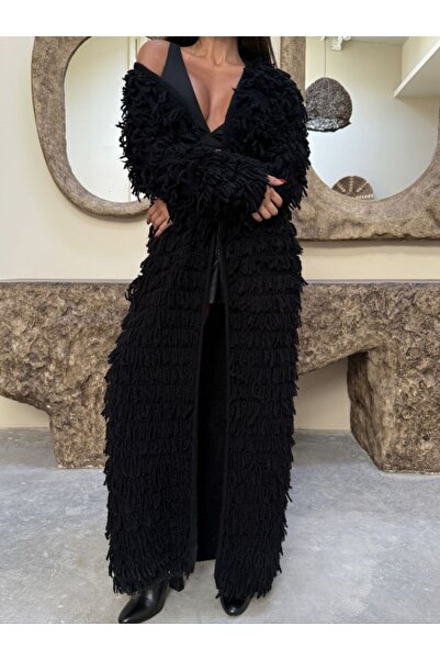 LE CARAMBOLE Women's Black Tassel Detailed Long Cardigan