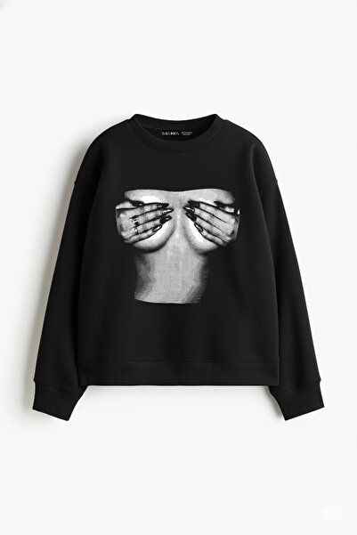 Bak Moda Hanorac negru pentru femei Silhouette Boobs V2 imprimat fără glugă, ...