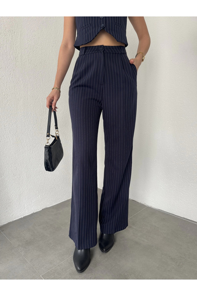 asfamoda Γυναικείο μπλε ναυτικό ριγέ πλισέ φόρεμα με φαρδύ πόδι παντελόνι pal...